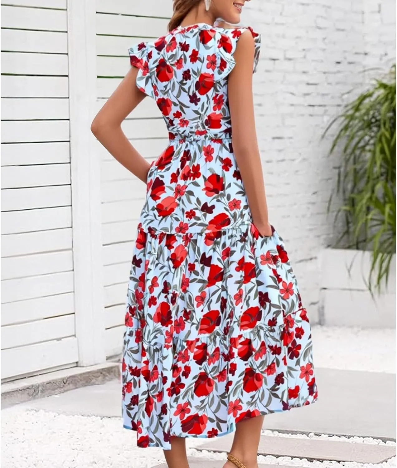 Floral Dress for Women Casual Summer Boho Cap Sleeve V Neck Wrap Maxi Dresses Flowy A Line Beach Vacation Sundress