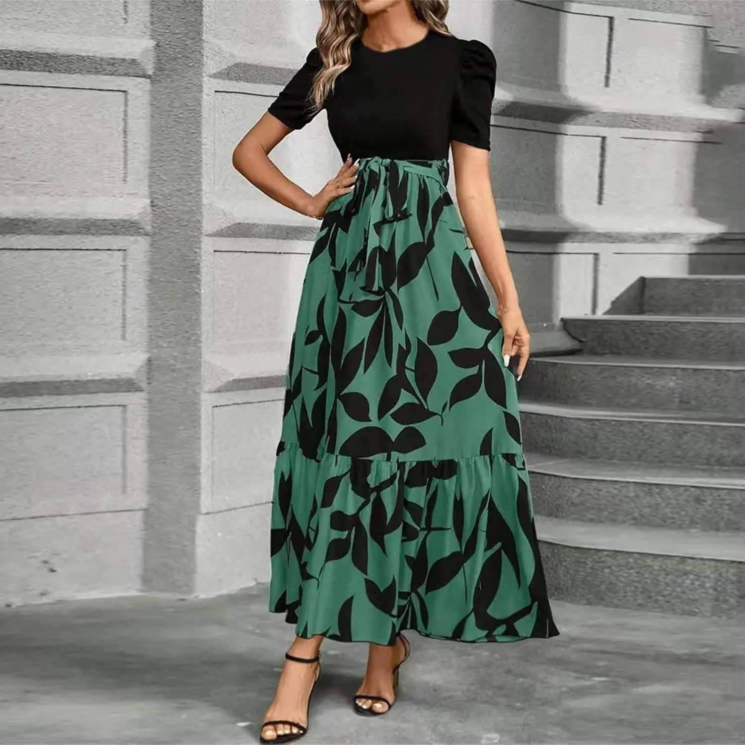 Floral Maxi Dresses for Women 2025 Boho Flowy Dress Elegant Modest Dresses A Line Short Sleeve Dress Long Sundress
