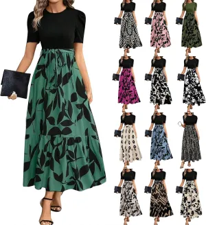 Floral Maxi Dresses for Women 2025 Boho Flowy Dress Elegant Modest Dresses A Line Short Sleeve Dress Long Sundress