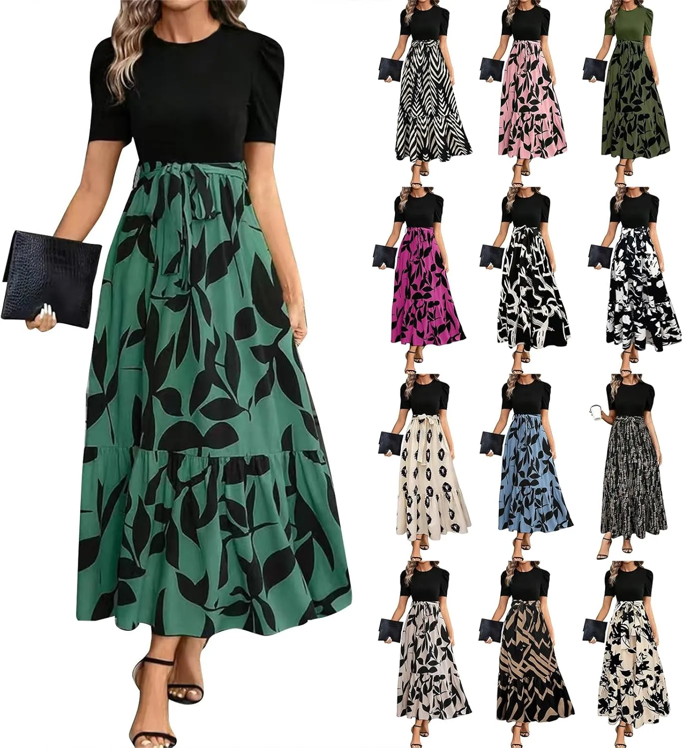 Floral Maxi Dresses for Women 2025 Boho Flowy Dress Elegant Modest Dresses A Line Short Sleeve Dress Long Sundress