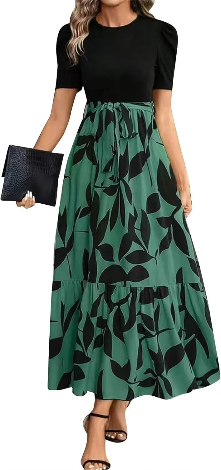Floral Maxi Dresses for Women 2025 Boho Flowy Dress Elegant Modest Dresses A Line Short Sleeve Dress Long Sundress