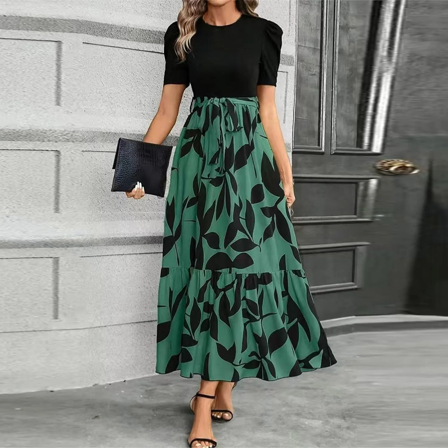 Floral Maxi Dresses for Women 2025 Boho Flowy Dress Elegant Modest Dresses A Line Short Sleeve Dress Long Sundress