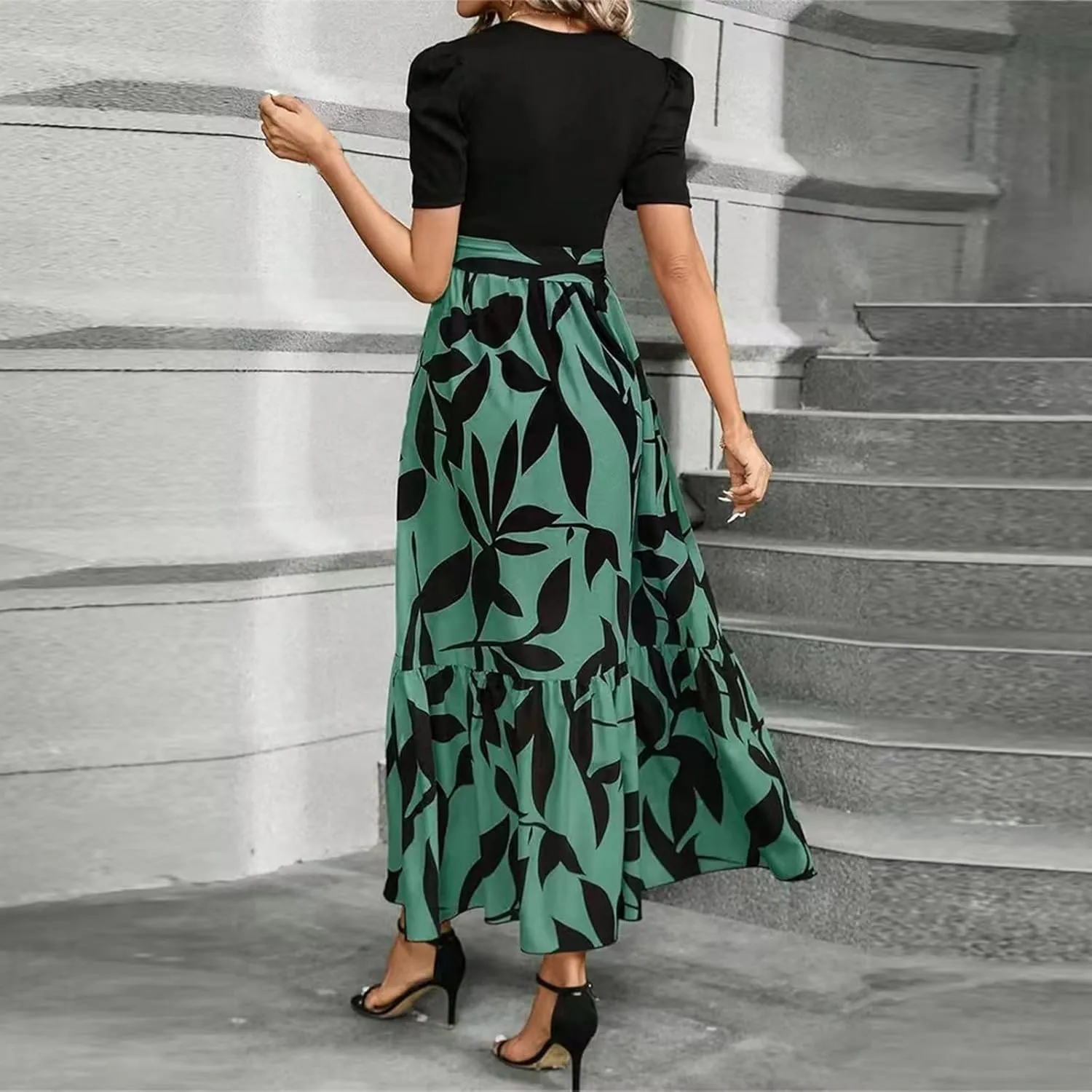 Floral Maxi Dresses for Women 2025 Boho Flowy Dress Elegant Modest Dresses A Line Short Sleeve Dress Long Sundress