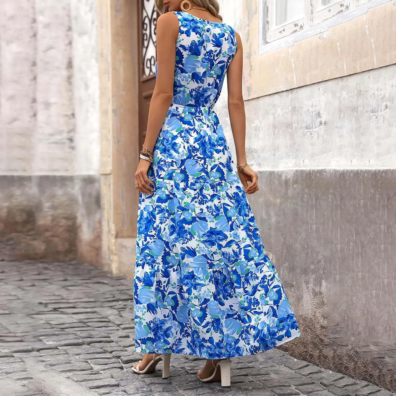 Floral Maxi Dresses for Women 2025 Flowy Sleeveless V Neck Wrap Dress Casual Summer Boho Beach Wedding Guest Dress