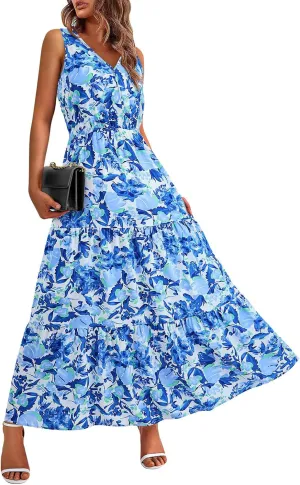 Floral Maxi Dresses for Women 2025 Flowy Sleeveless V Neck Wrap Dress Casual Summer Boho Beach Wedding Guest Dress