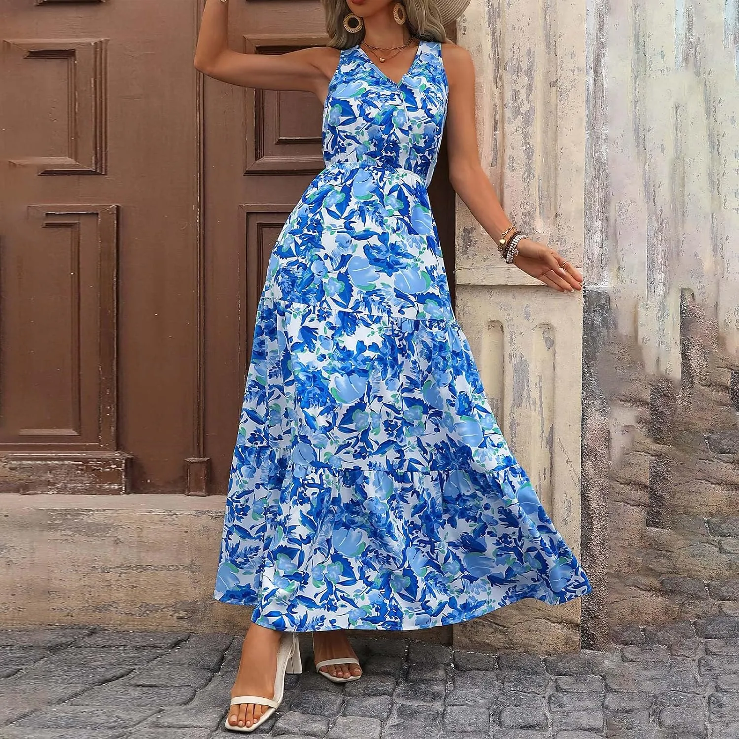 Floral Maxi Dresses for Women 2025 Flowy Sleeveless V Neck Wrap Dress Casual Summer Boho Beach Wedding Guest Dress