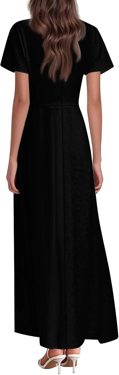 Floral Maxi Dresses for Women 2025 Summer Flowy Elegant Short Sleeve Dress Spring Formal Wedding Guest Dresses