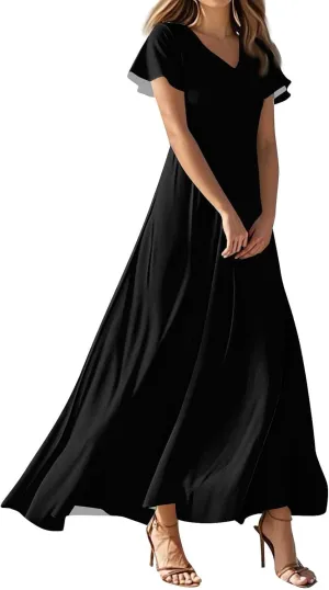 Floral Maxi Dresses for Women 2025 Summer Flowy Elegant Short Sleeve Dress Spring Formal Wedding Guest Dresses