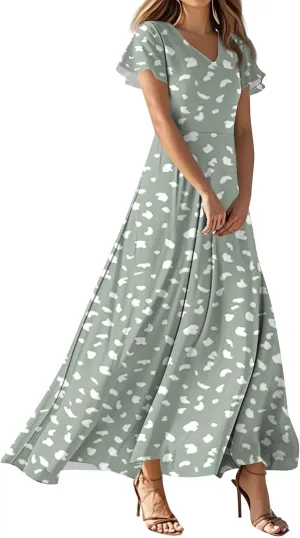 Floral Maxi Dresses for Women 2025 Summer Flowy Elegant Short Sleeve Dress Spring Formal Wedding Guest Dresses