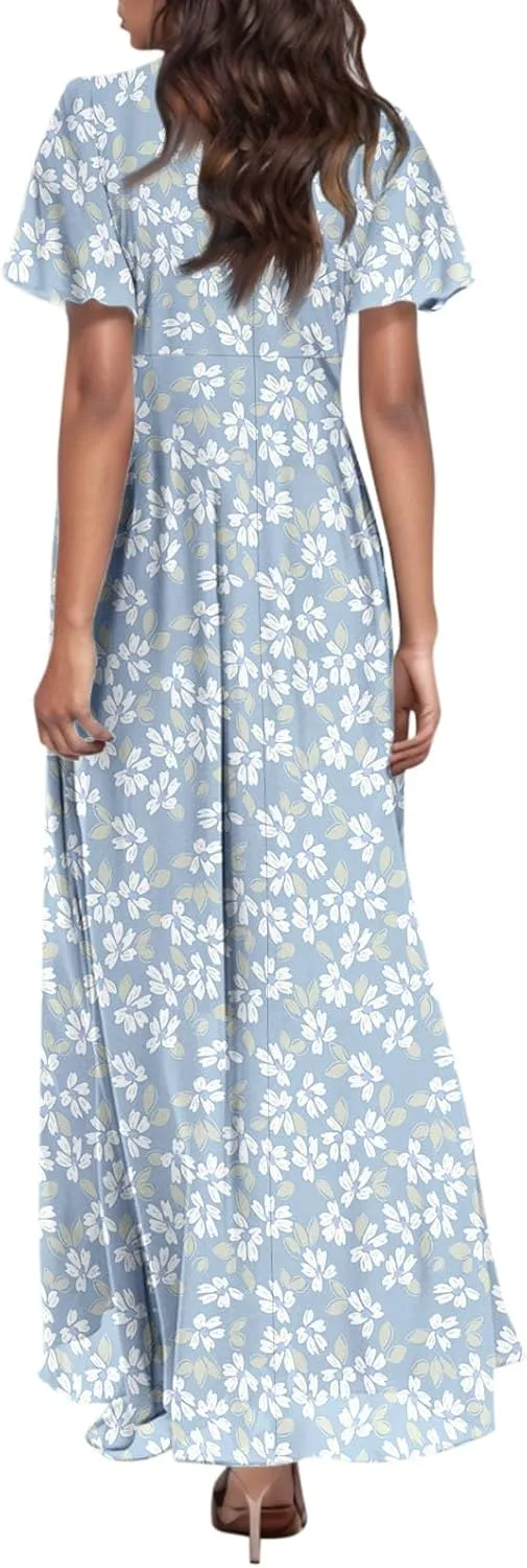 Floral Maxi Dresses for Women 2025 Summer Long Chiffon Elegant Flowy Dresses Spring Casual Wedding Guest Dress