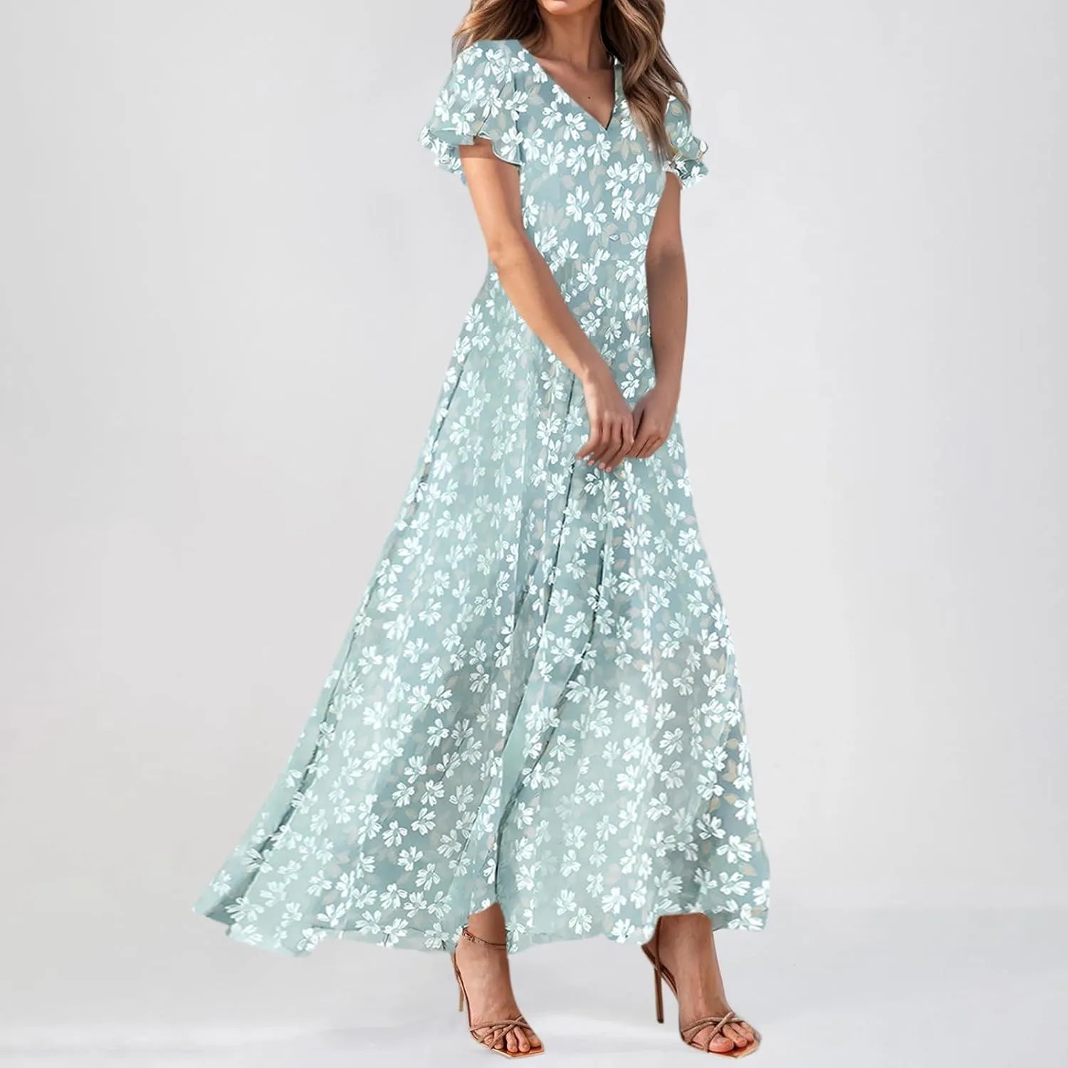Floral Maxi Dresses for Women 2025 Summer Long Chiffon Elegant Flowy Dresses Spring Casual Wedding Guest Dress