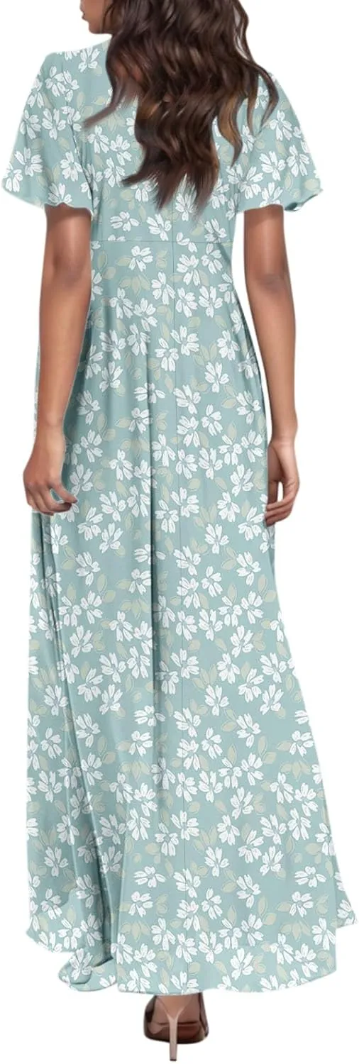 Floral Maxi Dresses for Women 2025 Summer Long Chiffon Elegant Flowy Dresses Spring Casual Wedding Guest Dress