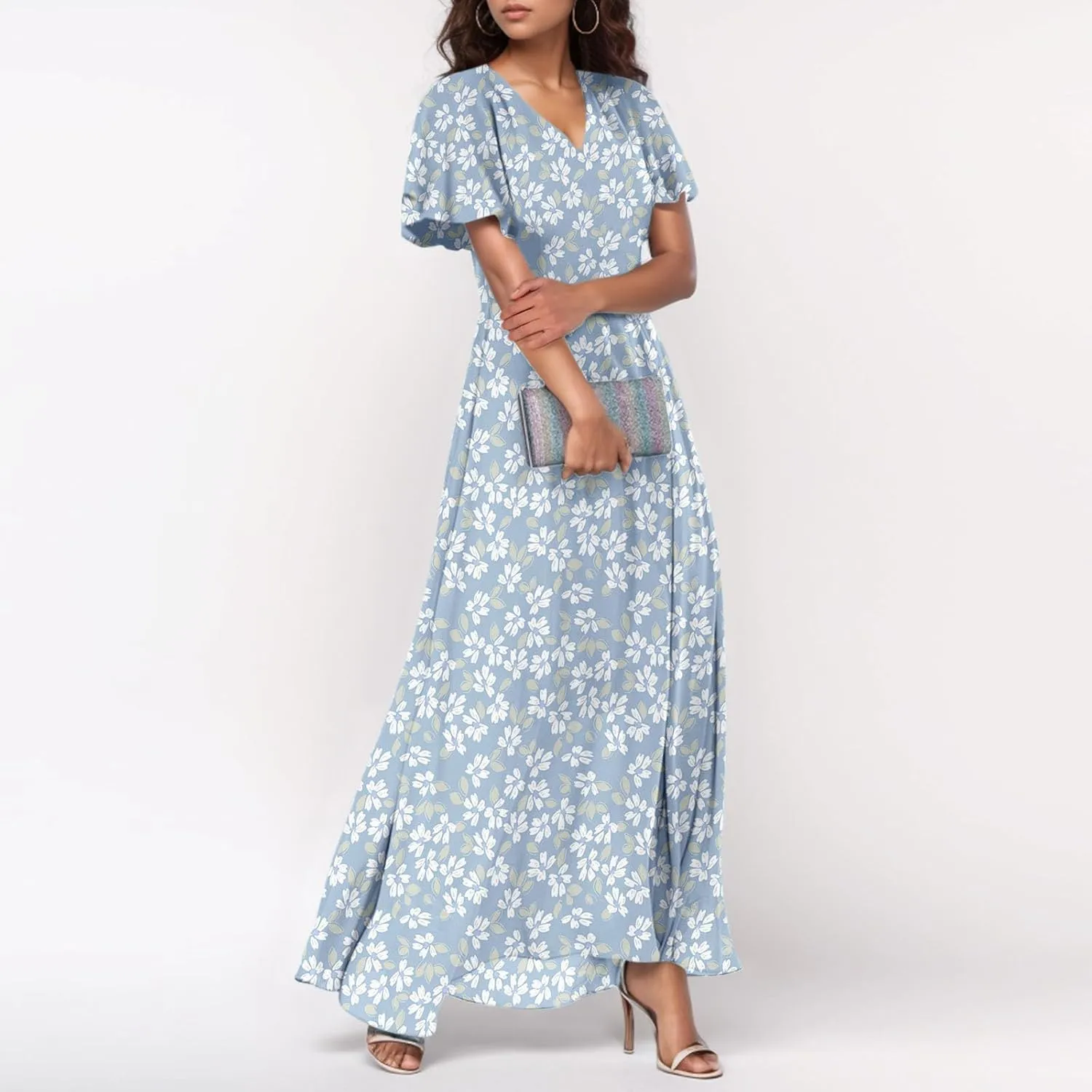 Floral Maxi Dresses for Women 2025 Summer Long Chiffon Elegant Flowy Dresses Spring Casual Wedding Guest Dress
