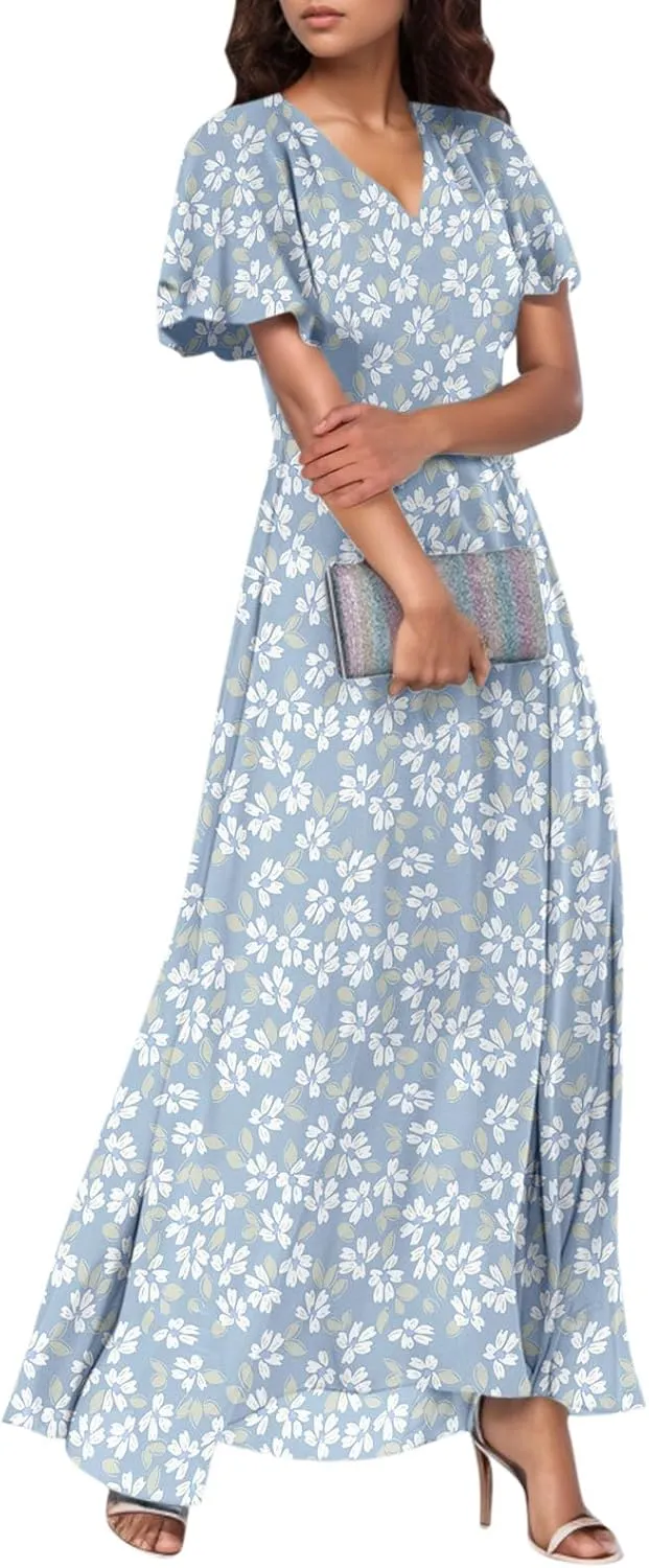 Floral Maxi Dresses for Women 2025 Summer Long Chiffon Elegant Flowy Dresses Spring Casual Wedding Guest Dress