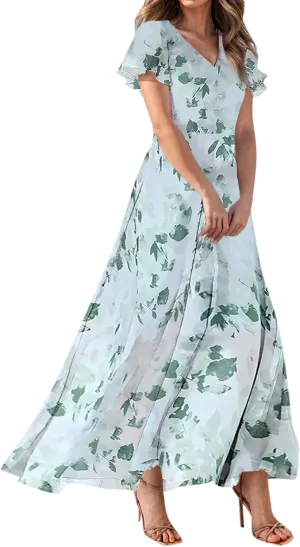 Floral Maxi Dresses for Women 2025 Summer Long Chiffon Elegant Flowy Dresses Spring Casual Wedding Guest Dress