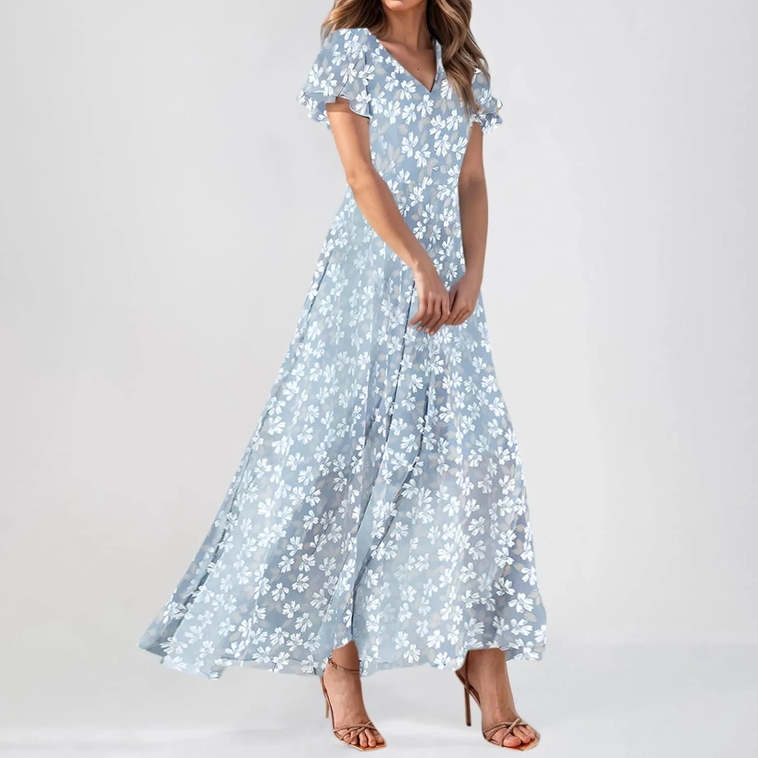 Floral Maxi Dresses for Women 2025 Summer Long Chiffon Elegant Flowy Dresses Spring Casual Wedding Guest Dress