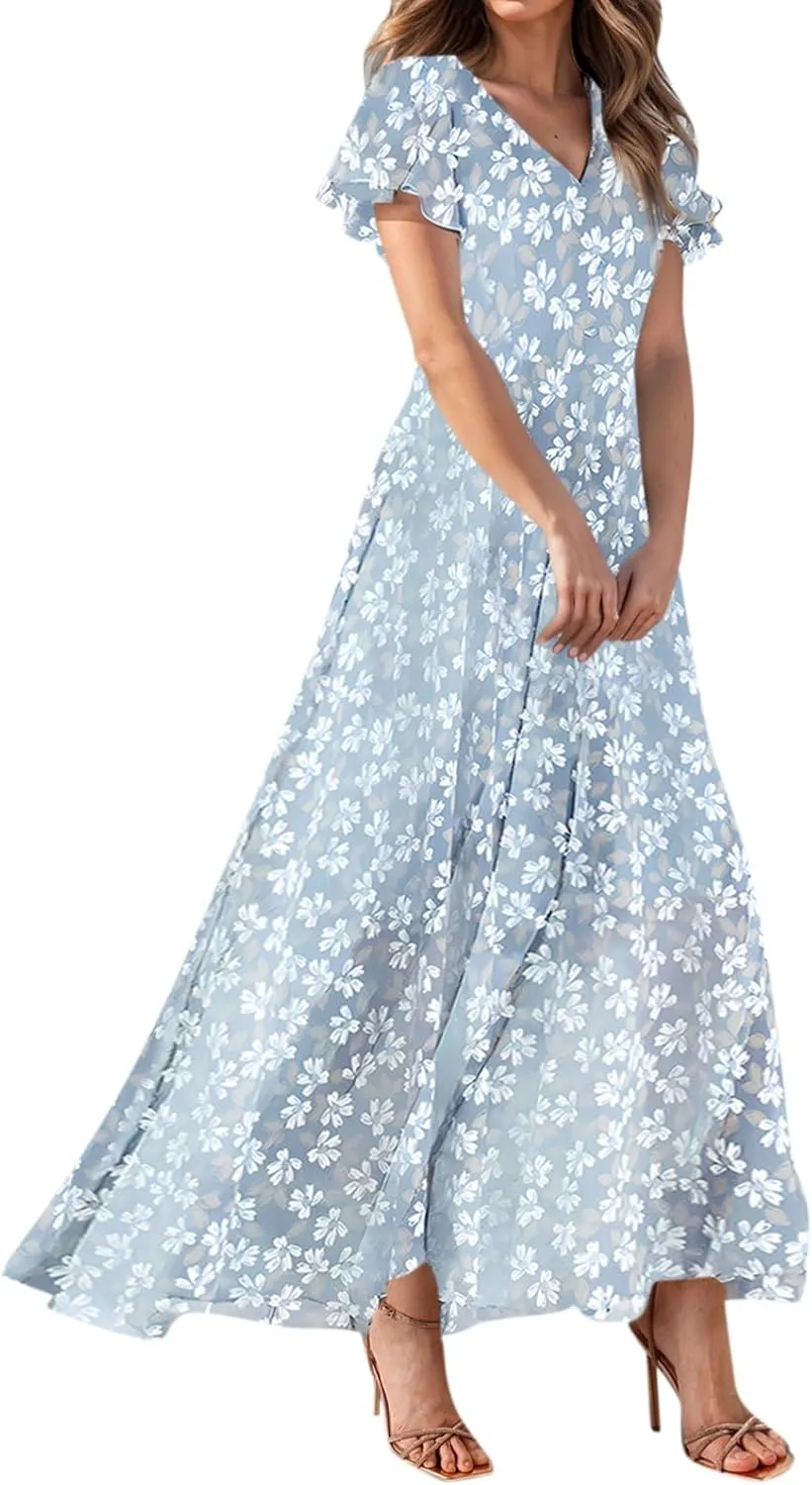 Floral Maxi Dresses for Women 2025 Summer Long Chiffon Elegant Flowy Dresses Spring Casual Wedding Guest Dress