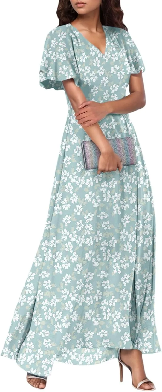 Floral Maxi Dresses for Women 2025 Summer Long Chiffon Elegant Flowy Dresses Spring Casual Wedding Guest Dress