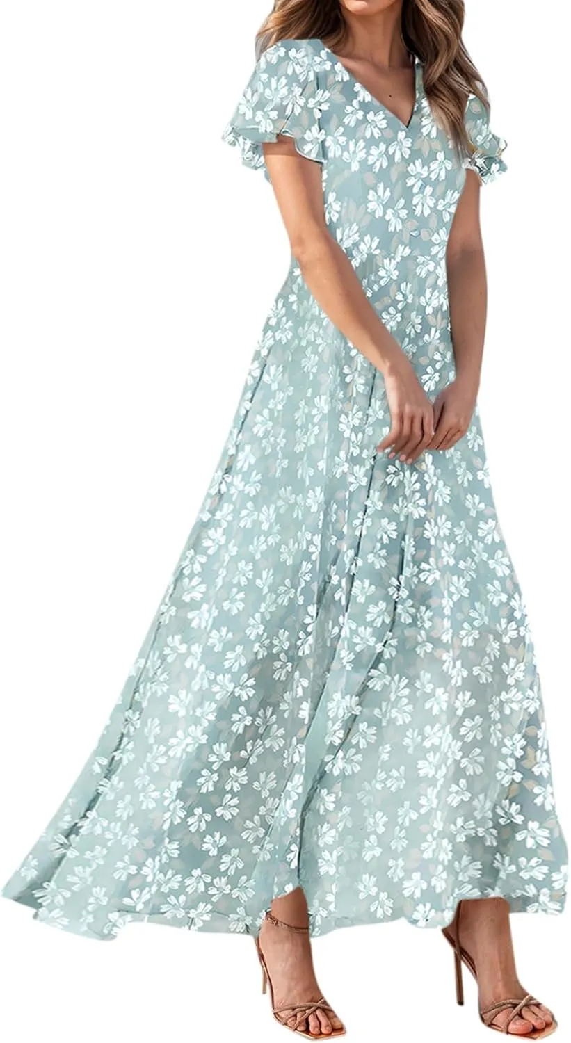 Floral Maxi Dresses for Women 2025 Summer Long Chiffon Elegant Flowy Dresses Spring Casual Wedding Guest Dress