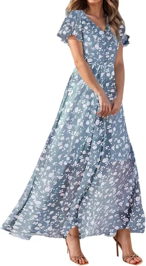 Floral Maxi Dresses for Women 2025 Summer Long Chiffon Elegant Flowy Dresses Spring Casual Wedding Guest Dress
