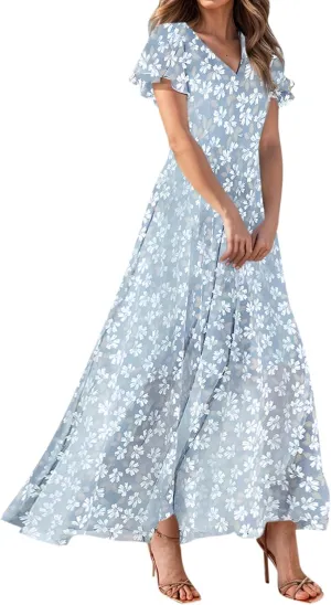 Floral Maxi Dresses for Women 2025 Summer Long Chiffon Elegant Flowy Dresses Spring Casual Wedding Guest Dress