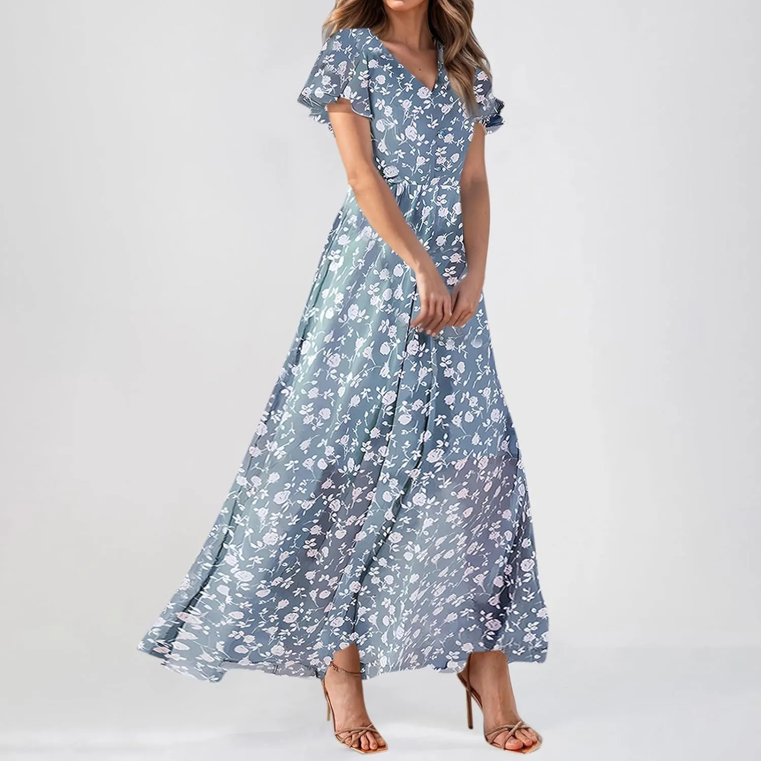 Floral Maxi Dresses for Women 2025 Summer Long Chiffon Elegant Flowy Dresses Spring Casual Wedding Guest Dress