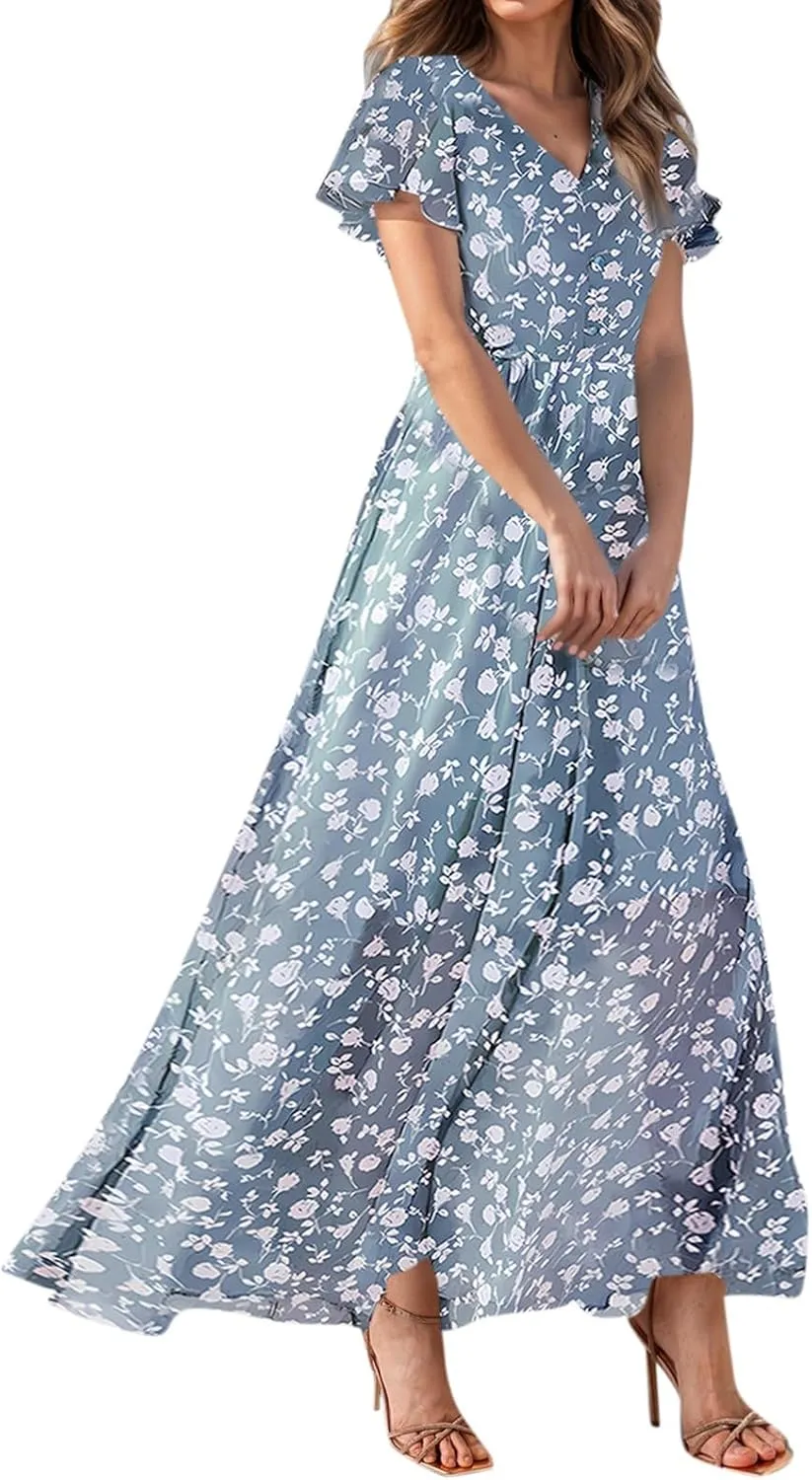 Floral Maxi Dresses for Women 2025 Summer Long Chiffon Elegant Flowy Dresses Spring Casual Wedding Guest Dress