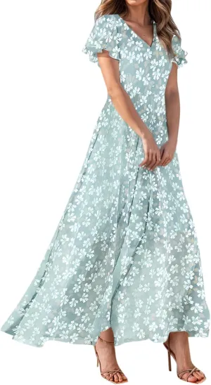 Floral Maxi Dresses for Women 2025 Summer Long Chiffon Elegant Flowy Dresses Spring Casual Wedding Guest Dress