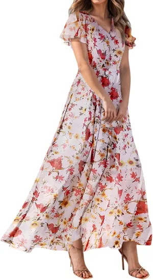 Floral Maxi Dresses for Women 2025 Summer Long Chiffon Elegant Flowy Dresses Spring Casual Wedding Guest Dress