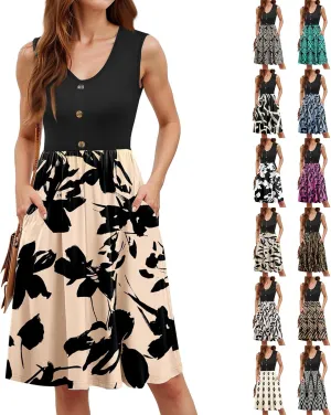 Floral Mini Dresses for Women Patchwork V Neck Wrap Short Sundress Button Trim Swing Flowy Ruffle A Line Tank Dresses