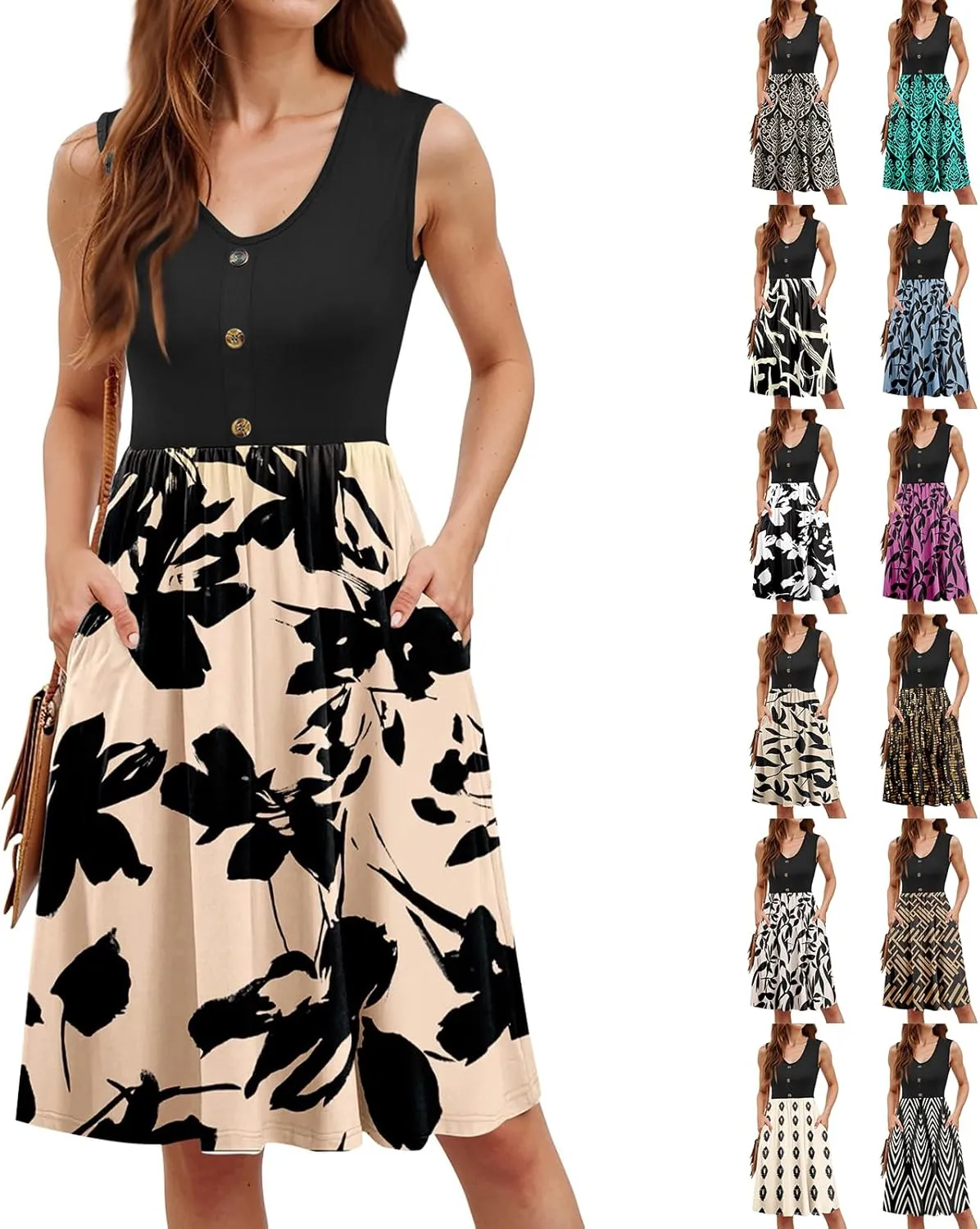 Floral Mini Dresses for Women Patchwork V Neck Wrap Short Sundress Button Trim Swing Flowy Ruffle A Line Tank Dresses
