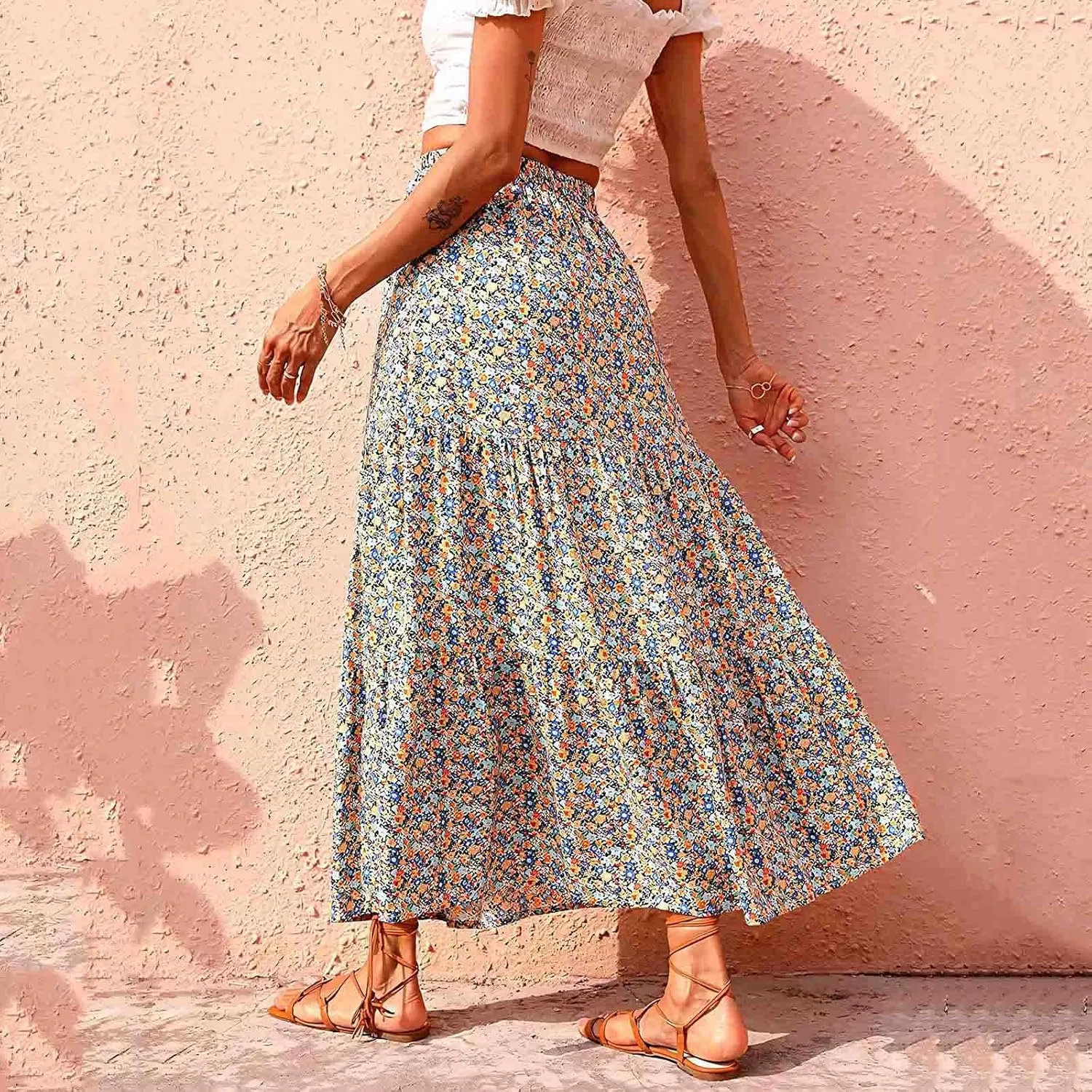 Floral Skirts for Women High Waist Flared Maxi Skirts Summer Vacation Beach Boho Flower Print Ruffle Swing Skirt