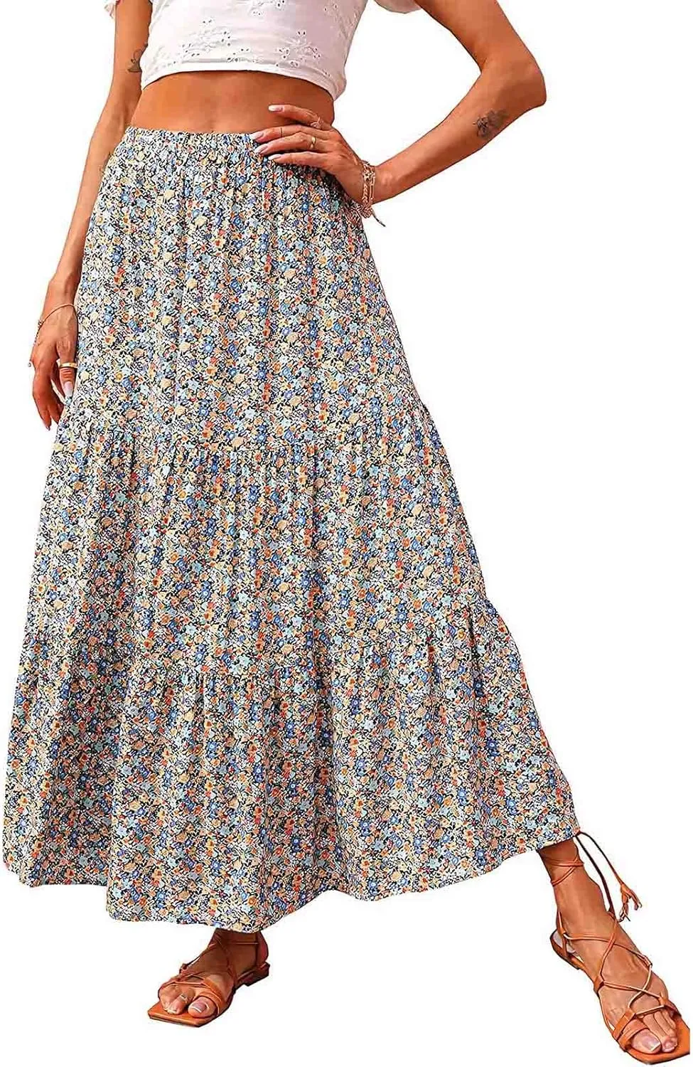 Floral Skirts for Women High Waist Flared Maxi Skirts Summer Vacation Beach Boho Flower Print Ruffle Swing Skirt