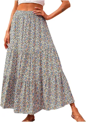 Floral Skirts for Women High Waist Flared Maxi Skirts Summer Vacation Beach Boho Flower Print Ruffle Swing Skirt