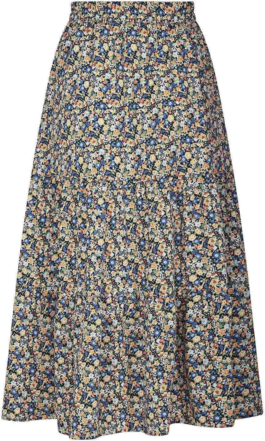 Floral Skirts for Women High Waist Flared Maxi Skirts Summer Vacation Beach Boho Flower Print Ruffle Swing Skirt