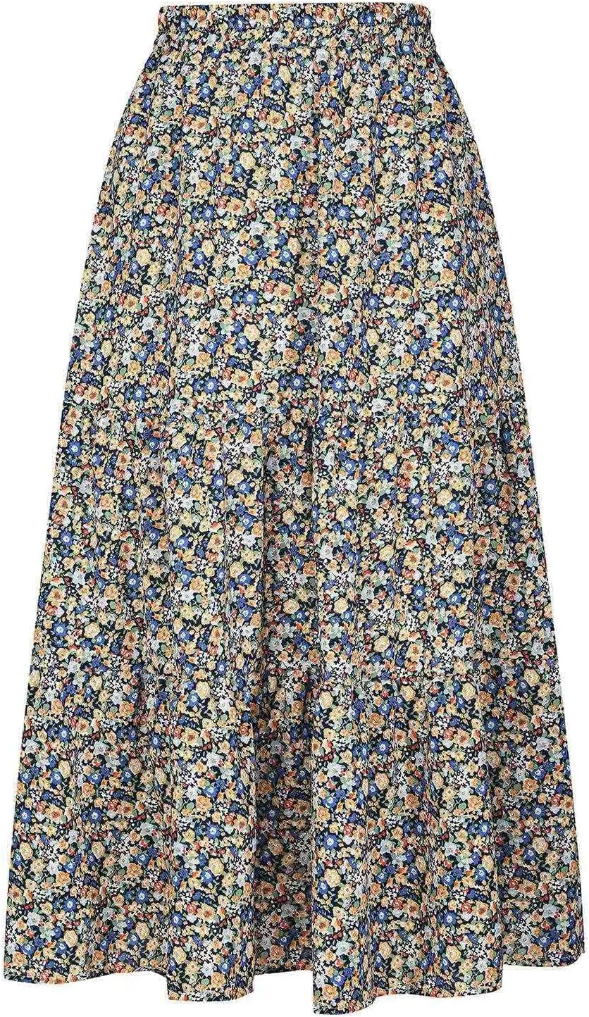 Floral Skirts for Women High Waist Flared Maxi Skirts Summer Vacation Beach Boho Flower Print Ruffle Swing Skirt