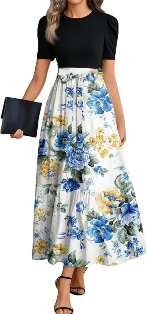 Flowy Bohemian Patchwork Beach Dress 2025 Elegant Floral Print Maxi Dress with Ruffle Hem