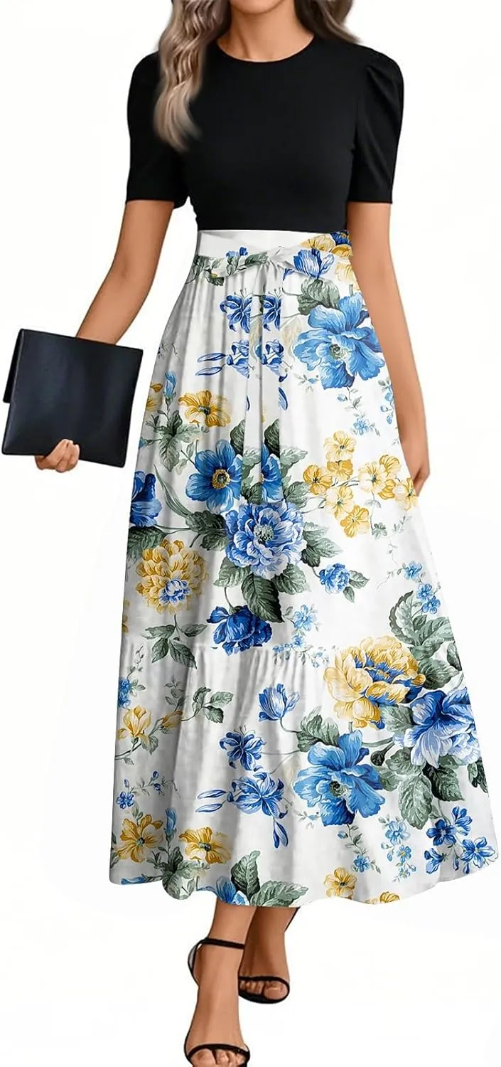 Flowy Bohemian Patchwork Beach Dress 2025 Elegant Floral Print Maxi Dress with Ruffle Hem