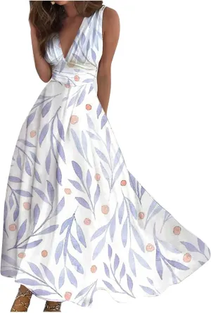 Flowy Dresses for Women Deep V Neck Casual Floral Long Dress Sleeveless Swing Cute Dresses Sexy Maxi Elegant Dress