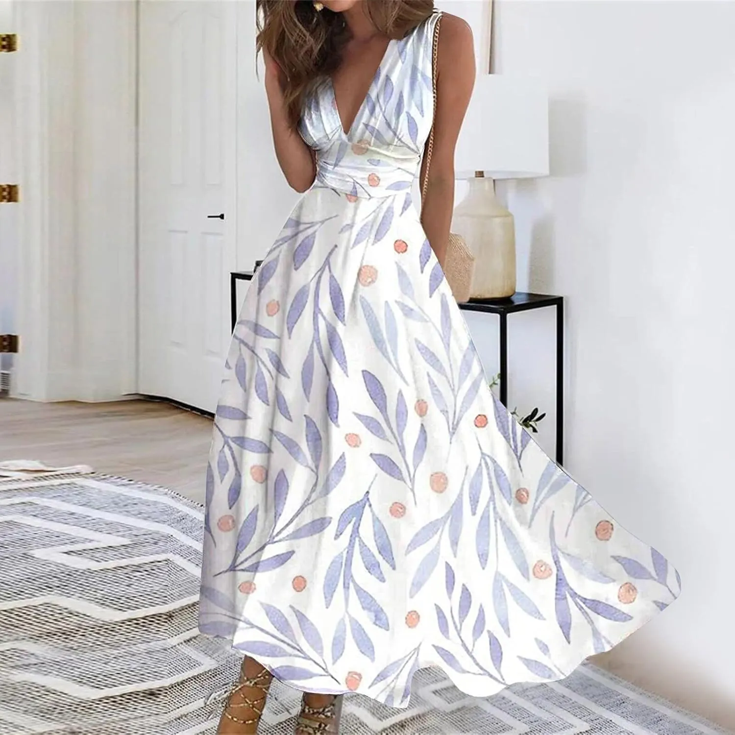 Flowy Dresses for Women Deep V Neck Casual Floral Long Dress Sleeveless Swing Cute Dresses Sexy Maxi Elegant Dress