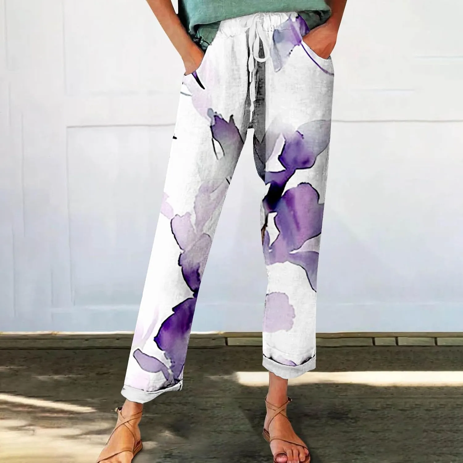 Flowy Linen Pants Summer Wide Leg Pants Drawstring Elastic Waist Pants High Waisted Pants Casual Beach Trousers Boho