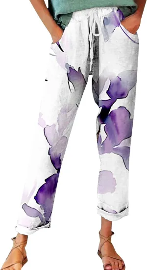 Flowy Linen Pants Summer Wide Leg Pants Drawstring Elastic Waist Pants High Waisted Pants Casual Beach Trousers Boho