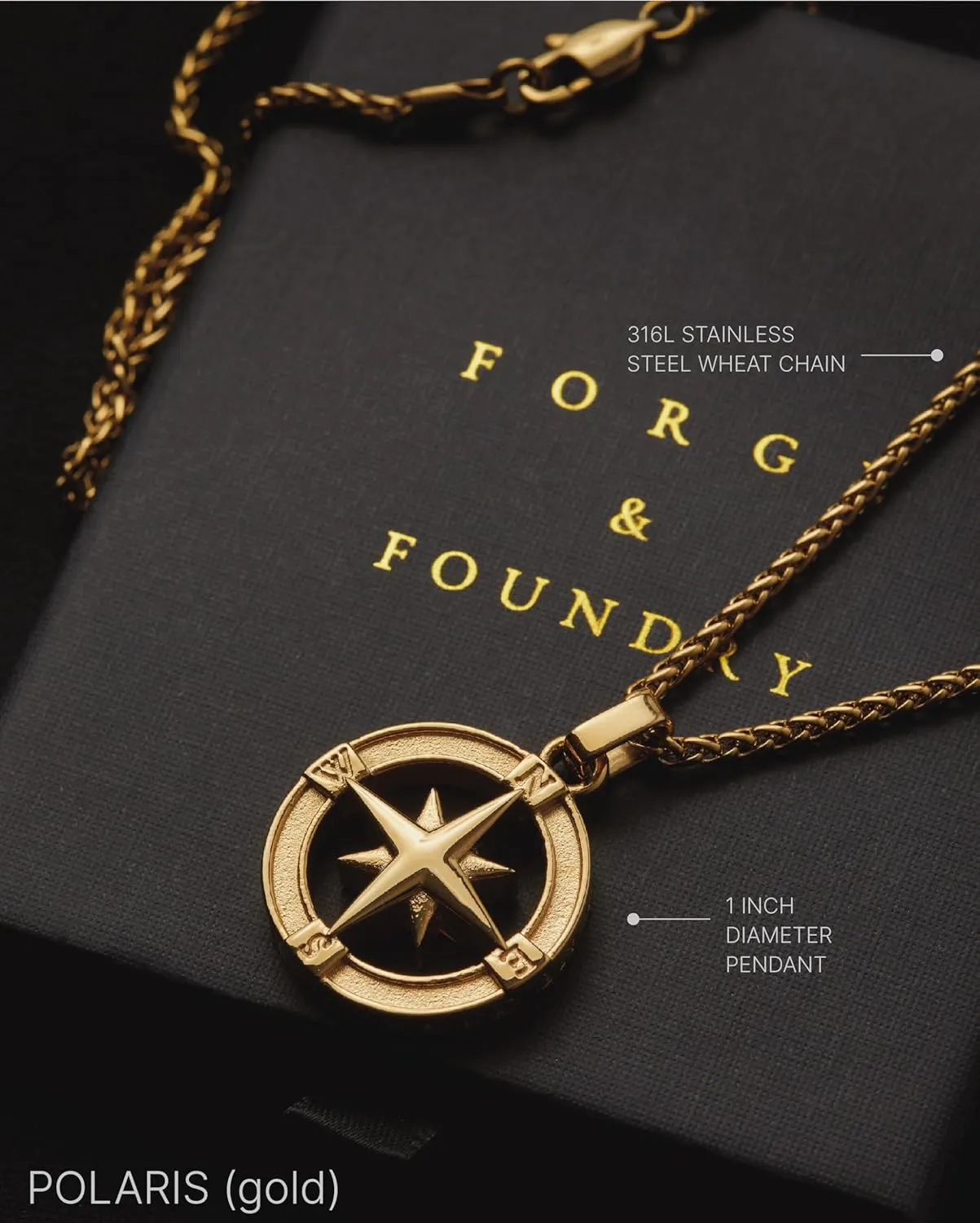 Forge & Foundry Men's Compass Pendant with Adjustable 21" Necklace Chain | Design-led, artisan jewelry from London