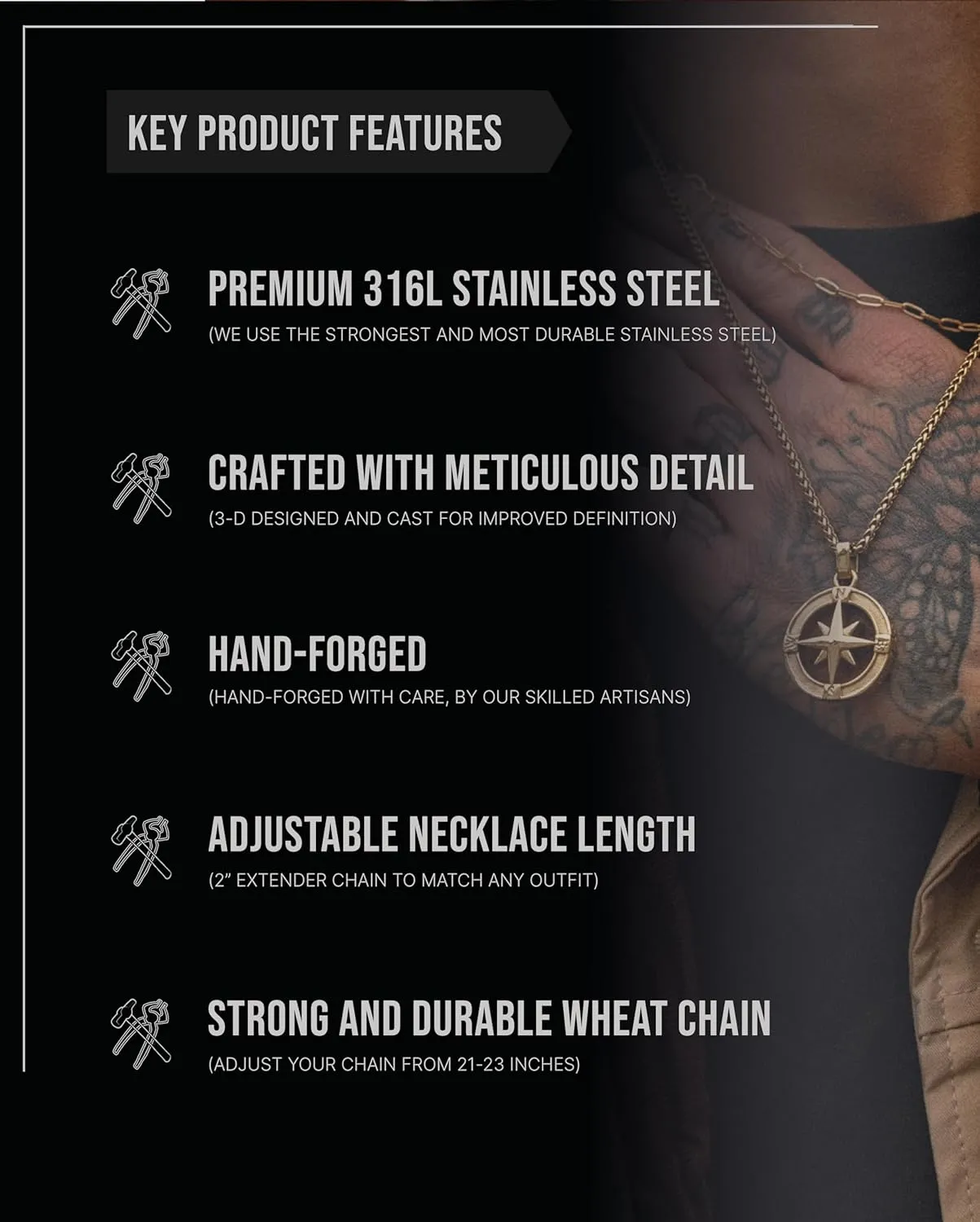 Forge & Foundry Men's Compass Pendant with Adjustable 21" Necklace Chain | Design-led, artisan jewelry from London
