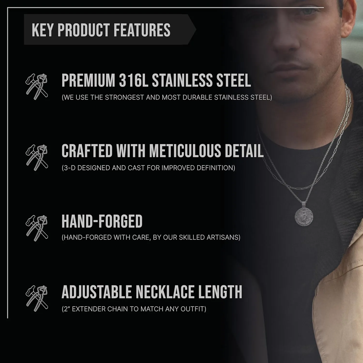 Forge & Foundry Men's Religious Pendant with 21" Extendable Necklace Chain - Compass | Saint Michael | Saint Christopher Pendant