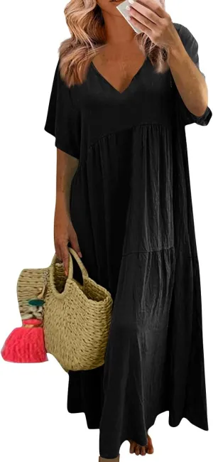 FQZWONG Womens Summer Dresses 2025 Plus Size Short Sleeve/Sleeveless V Neck Boho Maxi Dress Casual Beach Long Sundresses