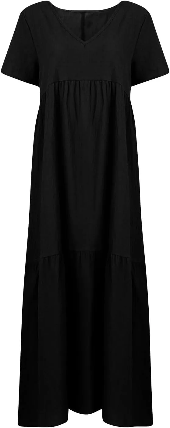 FQZWONG Womens Summer Dresses 2025 Plus Size Short Sleeve/Sleeveless V Neck Boho Maxi Dress Casual Beach Long Sundresses
