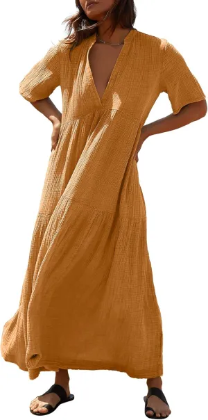 Gacaky Summer Dress for Women Casual Short Sleeve Deep V Neck Sundress Flowy Loose Beach Long Dress