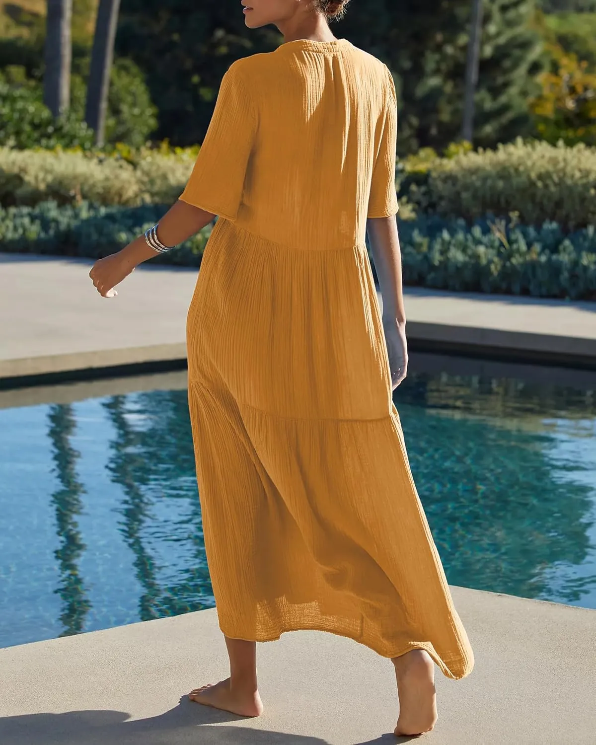 Gacaky Summer Dress for Women Casual Short Sleeve Deep V Neck Sundress Flowy Loose Beach Long Dress