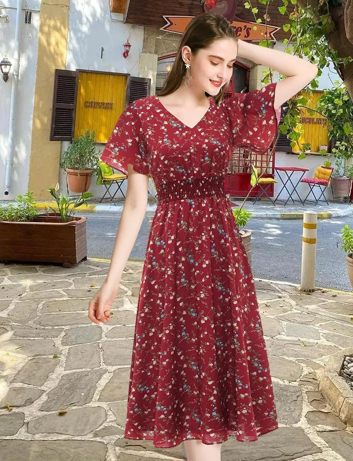 Gardenwed Chiffon Floral Dresses Summer Sun Beach Dresses for Women with Elastic Waist